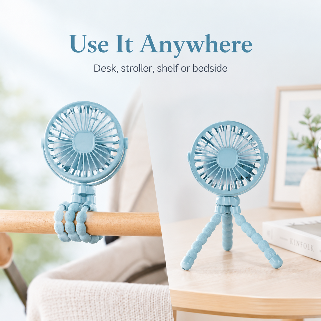 Stay Cool Anywhere with the GlowCo FlexiBreeze™ USB Rechargeable Octopus Mini Fan – Perfect for Strollers, Desks, and Travel