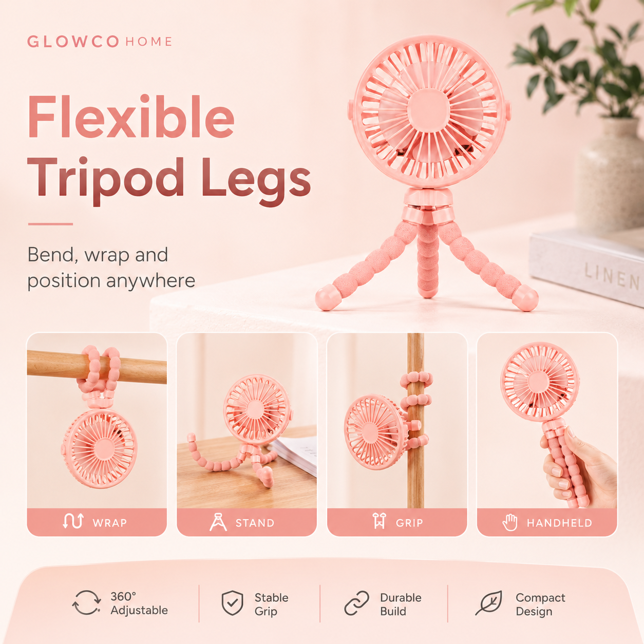 Stay Cool Anywhere with the GlowCo FlexiBreeze™ USB Rechargeable Octopus Mini Fan – Perfect for Strollers, Desks, and Travel