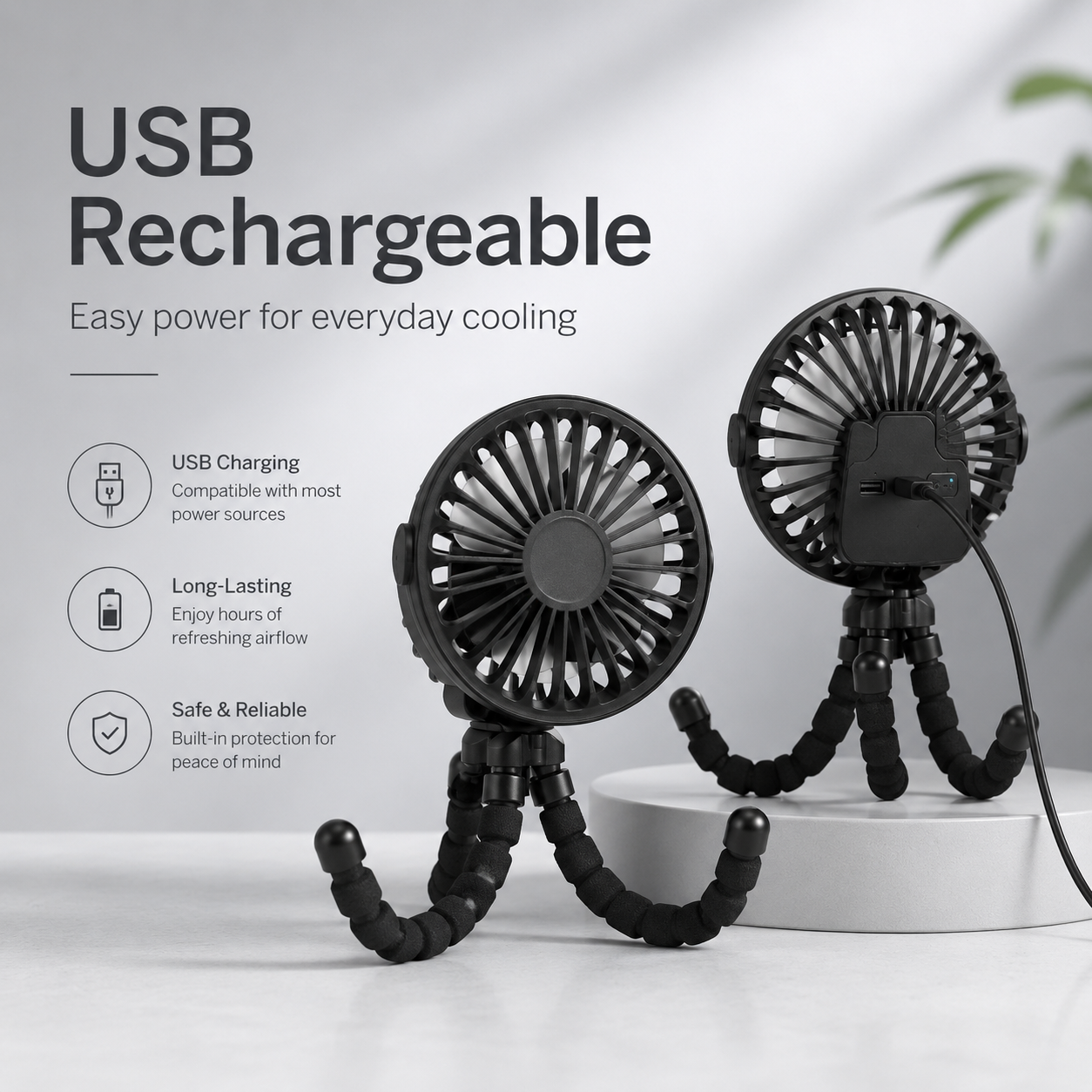 Stay Cool Anywhere with the GlowCo FlexiBreeze™ USB Rechargeable Octopus Mini Fan – Perfect for Strollers, Desks, and Travel