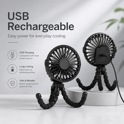 Stay Cool Anywhere with the GlowCo FlexiBreeze™ USB Rechargeable Octopus Mini Fan – Perfect for Strollers, Desks, and Travel