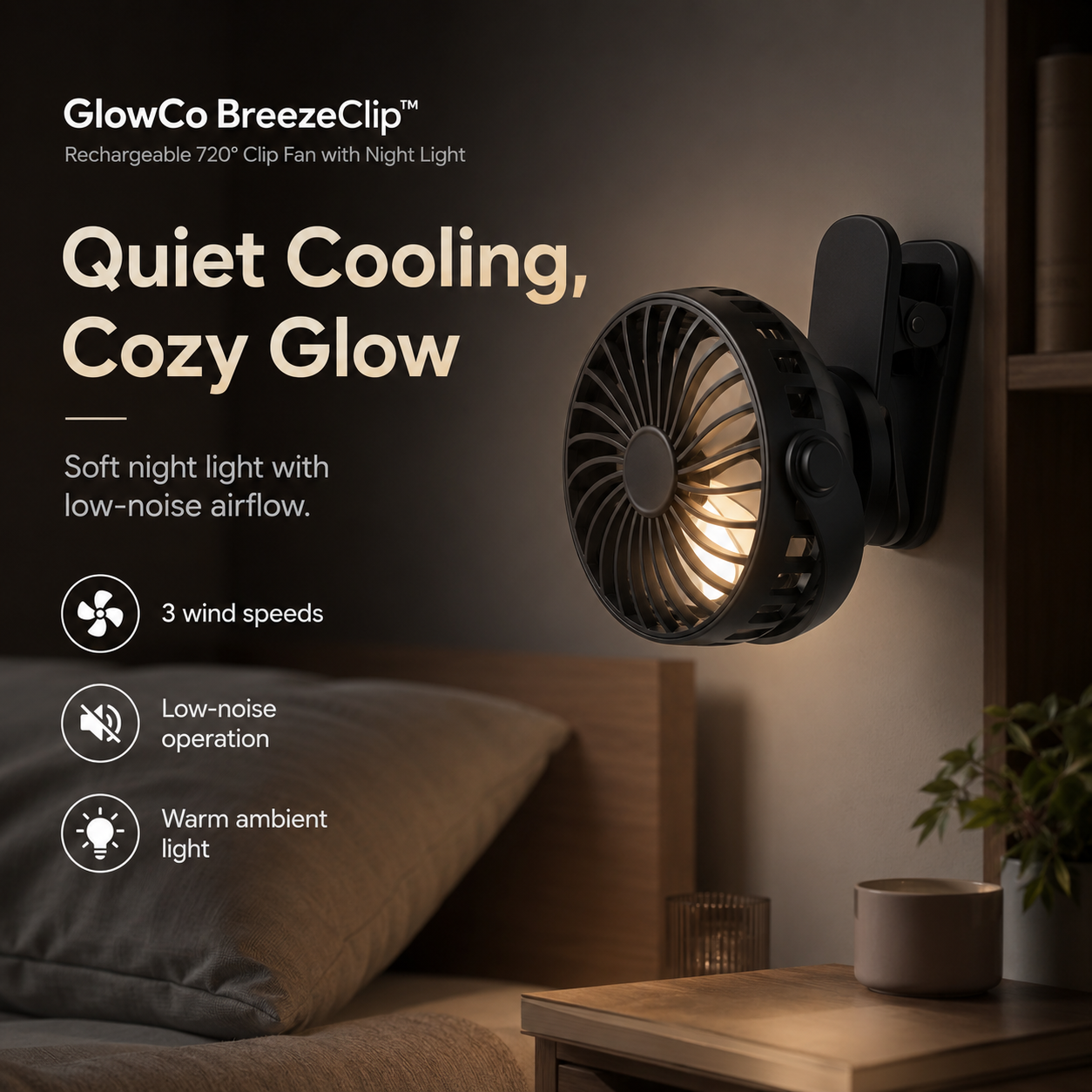 GlowCo BreezeClip™ Rechargeable 720° Clip Fan with Night Light – Portable Cooling for Home, Travel & Camping