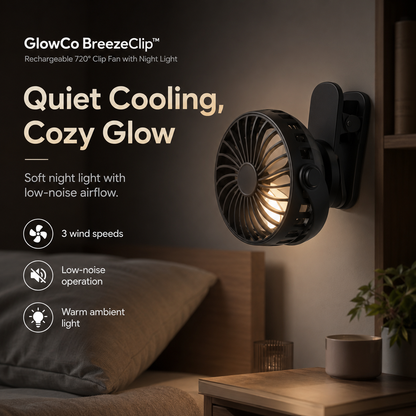 GlowCo BreezeClip™ Rechargeable 720° Clip Fan with Night Light – Portable Cooling for Home, Travel & Camping