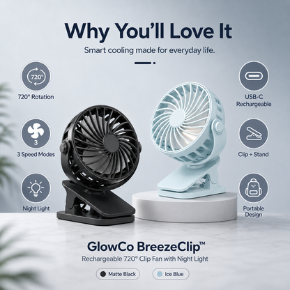 GlowCo BreezeClip™ Rechargeable 720° Clip Fan with Night Light – Portable Cooling for Home, Travel & Camping