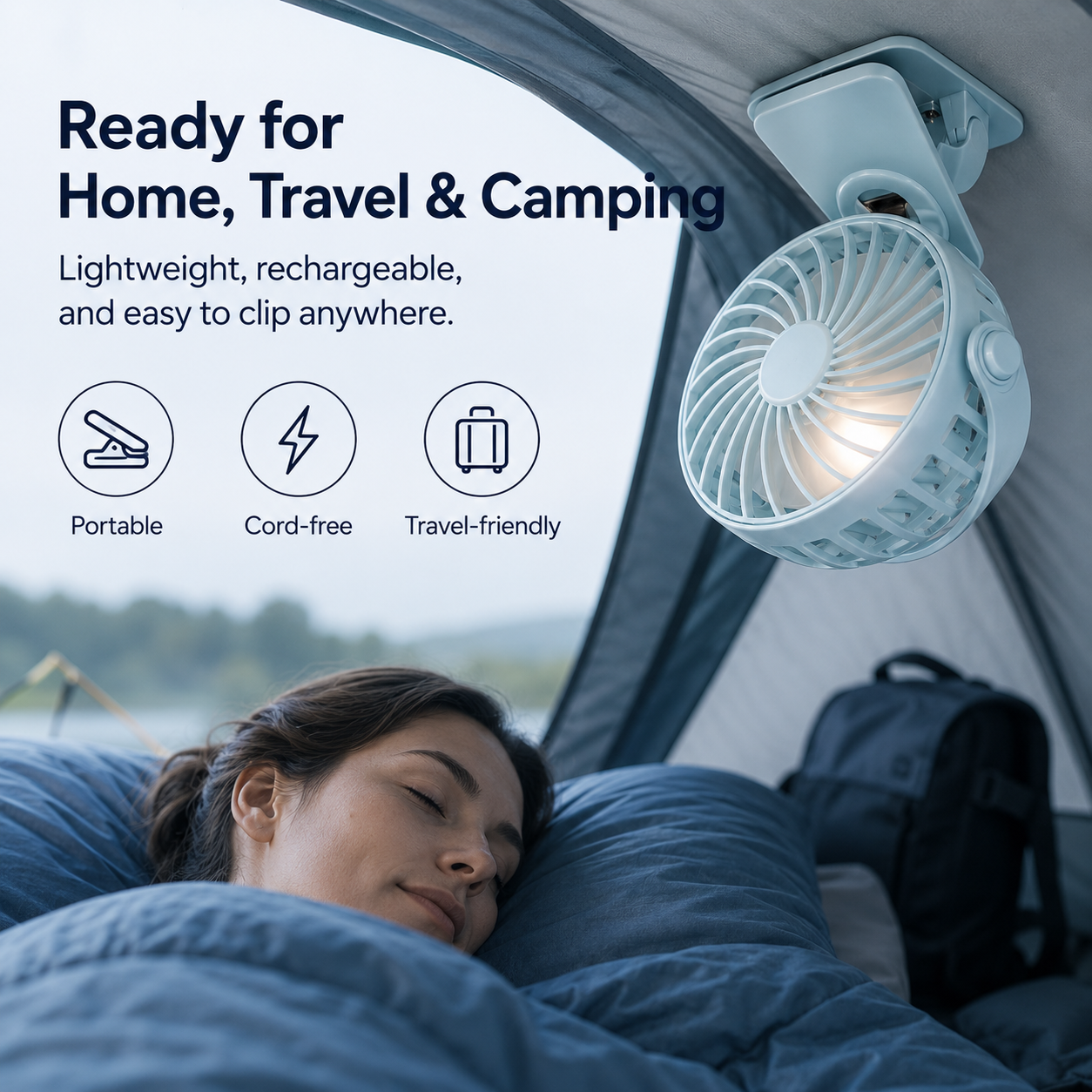 GlowCo BreezeClip™ Rechargeable 720° Clip Fan with Night Light – Portable Cooling for Home, Travel & Camping