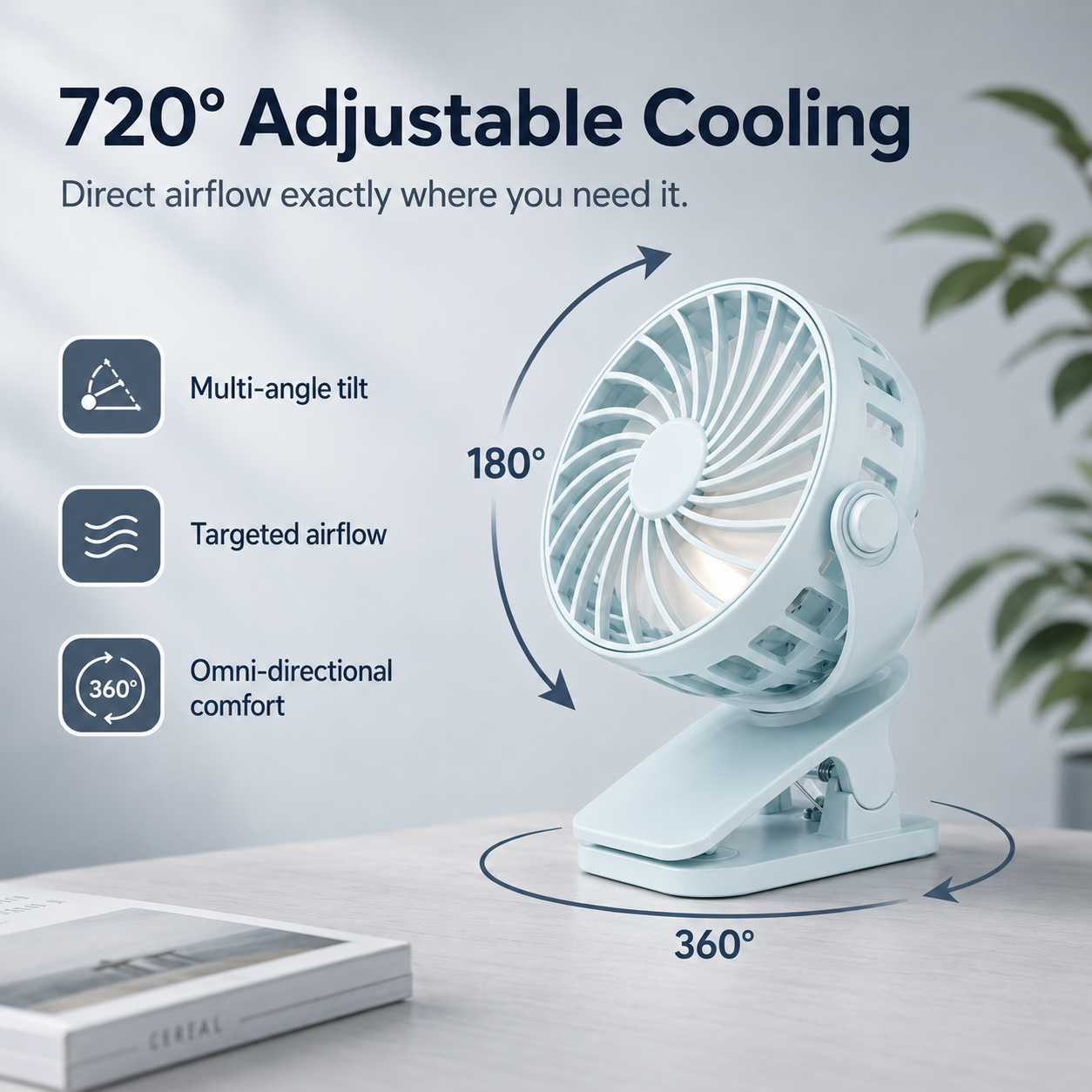 GlowCo BreezeClip™ Rechargeable 720° Clip Fan with Night Light – Portable Cooling for Home, Travel & Camping