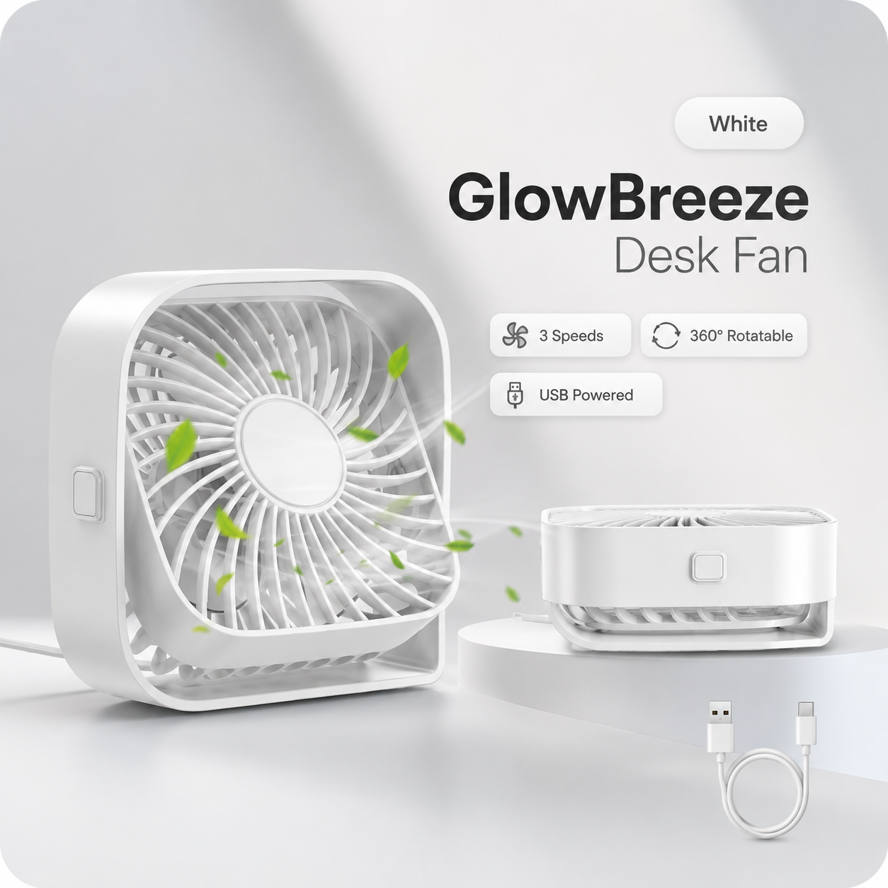 GlowBreeze 360° Rotatable USB Desk Fan – Stay Cool with Powerful 3-Speed Airflow Anywhere!
