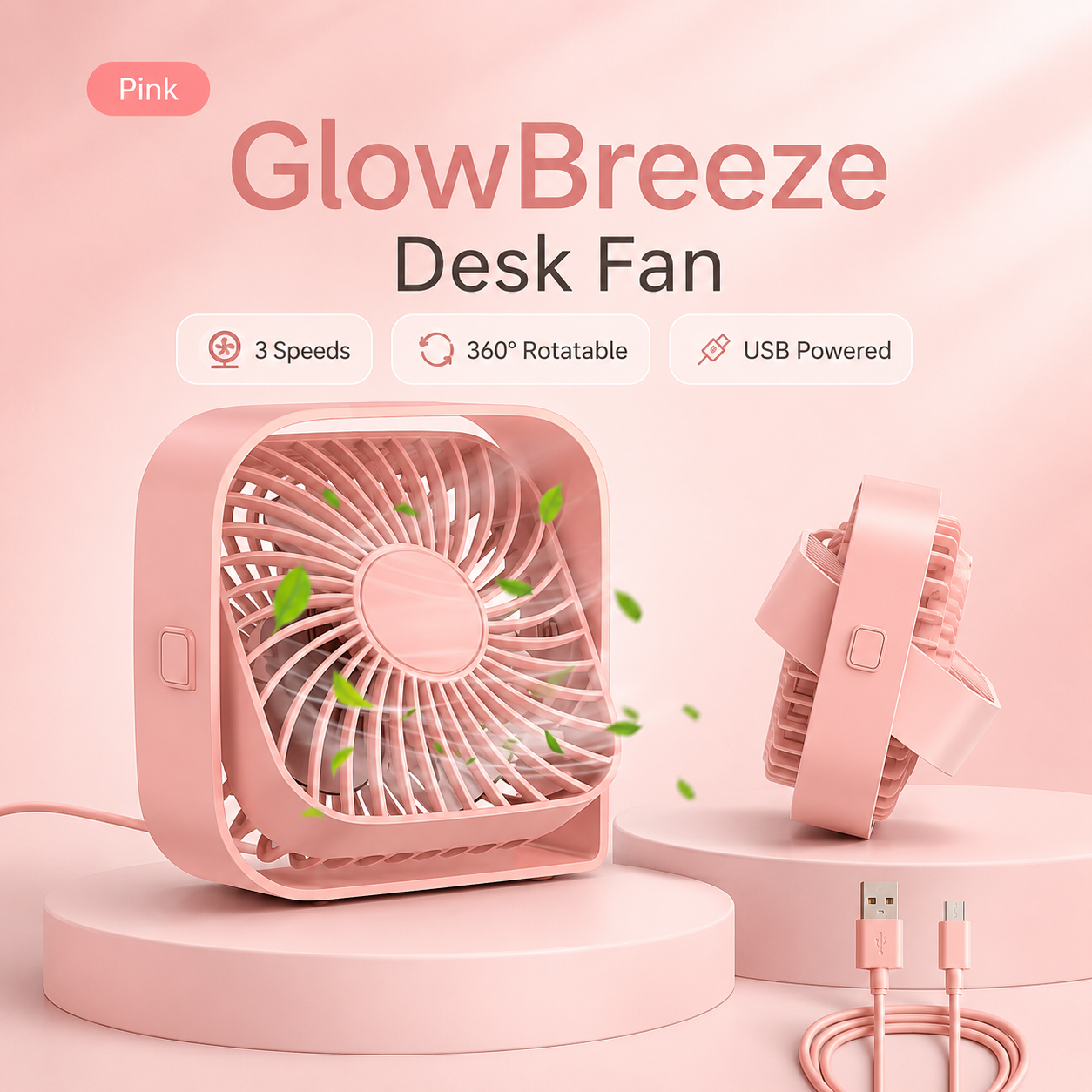 GlowBreeze 360° Rotatable USB Desk Fan – Stay Cool with Powerful 3-Speed Airflow Anywhere!