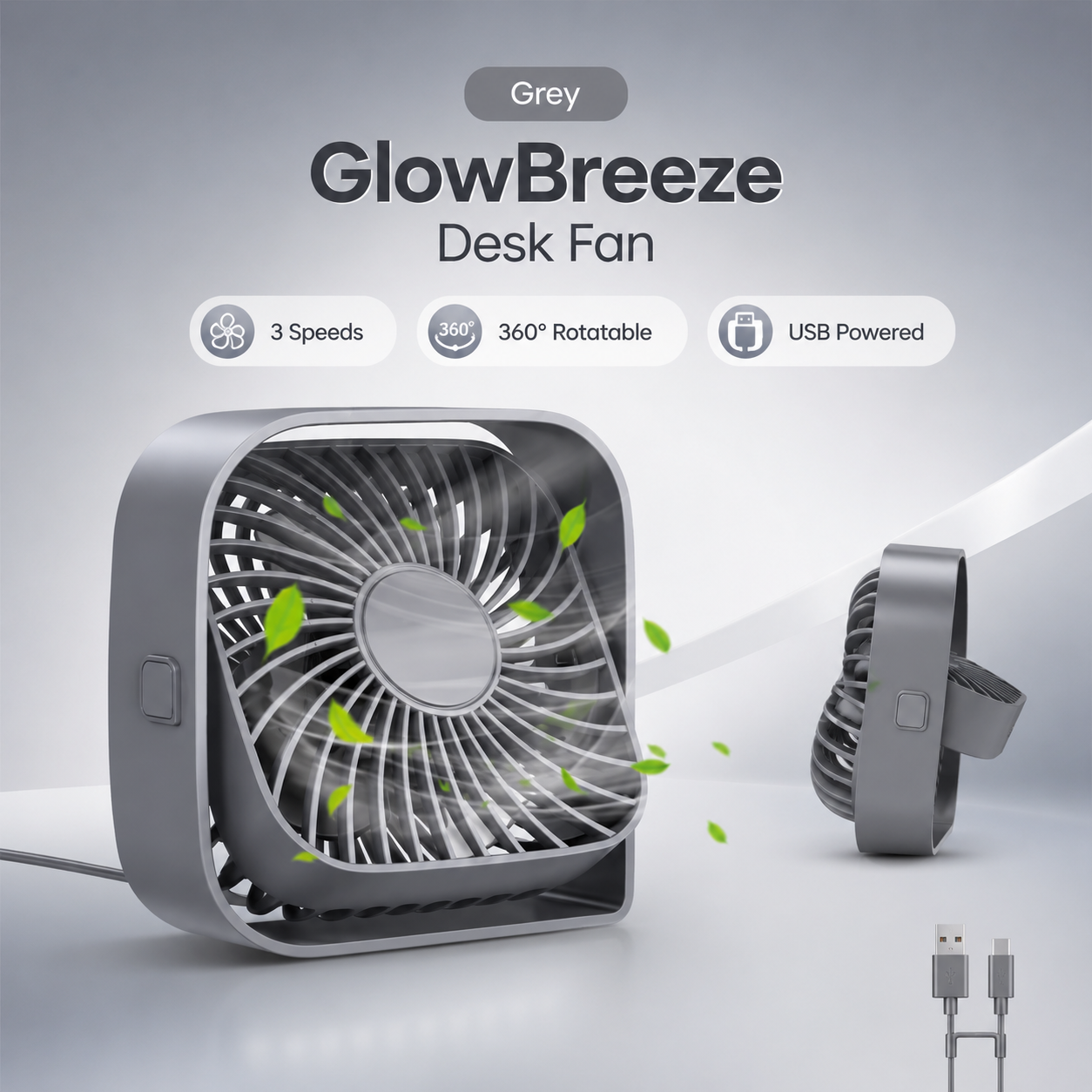 GlowBreeze 360° Rotatable USB Desk Fan – Stay Cool with Powerful 3-Speed Airflow Anywhere!