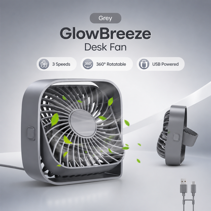 GlowBreeze 360° Rotatable USB Desk Fan – Stay Cool with Powerful 3-Speed Airflow Anywhere!