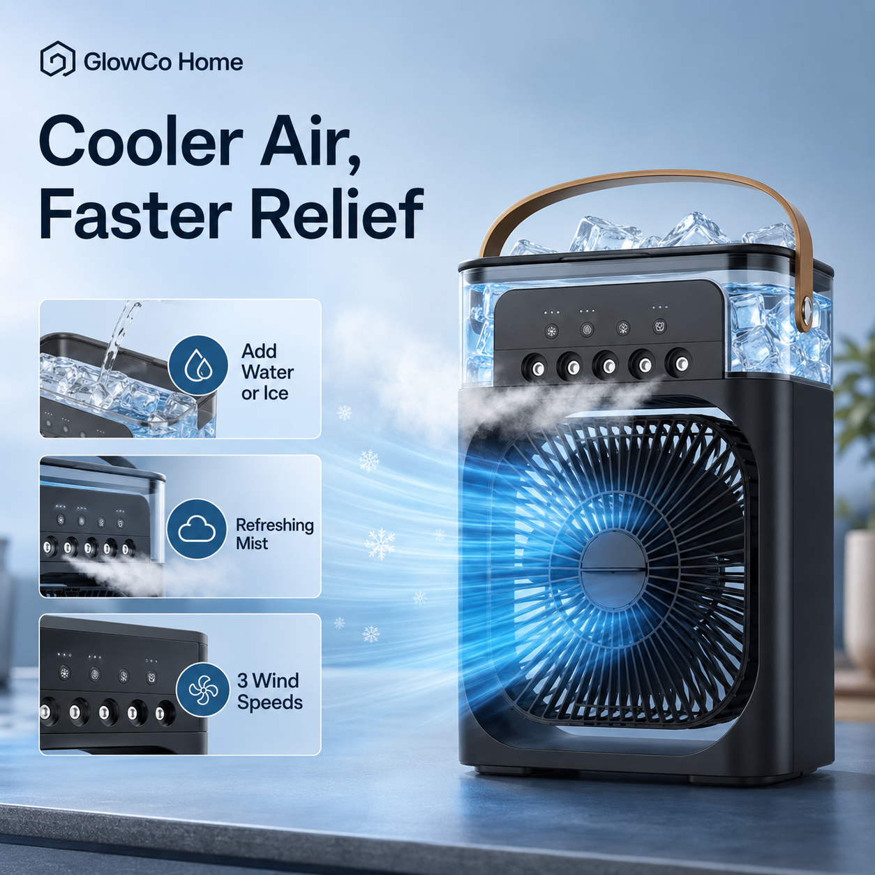 GlowBreeze 3-in-1 Mini Air Cooler – Portable Fan, Humidifier & LED Night Light