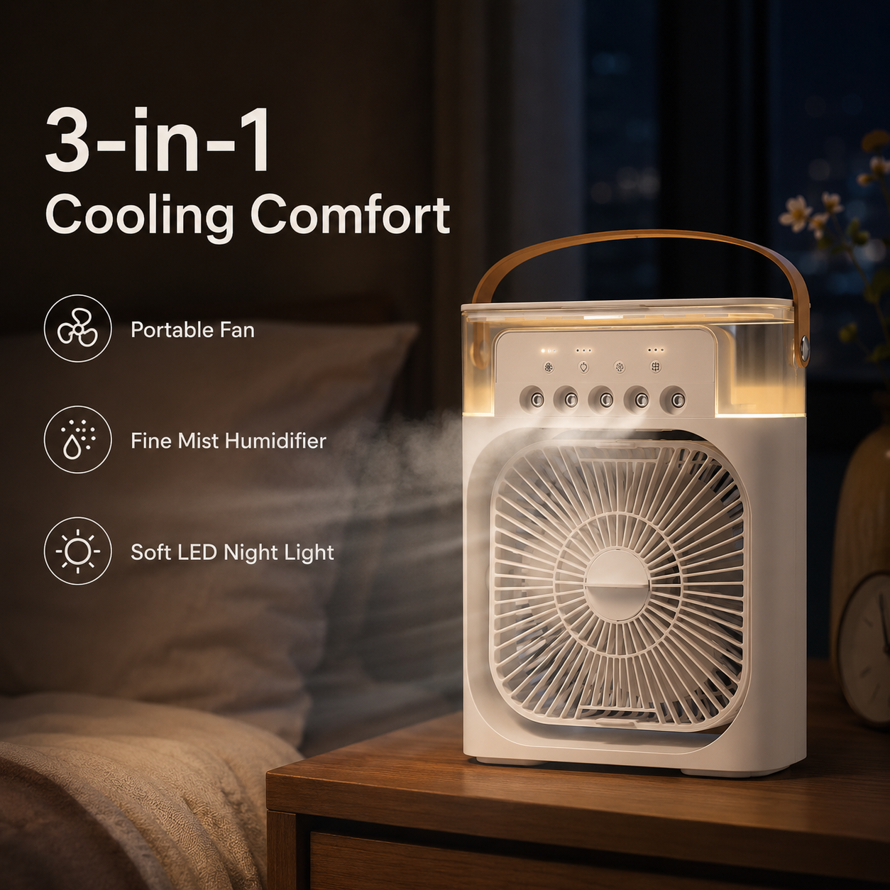 GlowBreeze 3-in-1 Mini Air Cooler – Portable Fan, Humidifier & LED Night Light