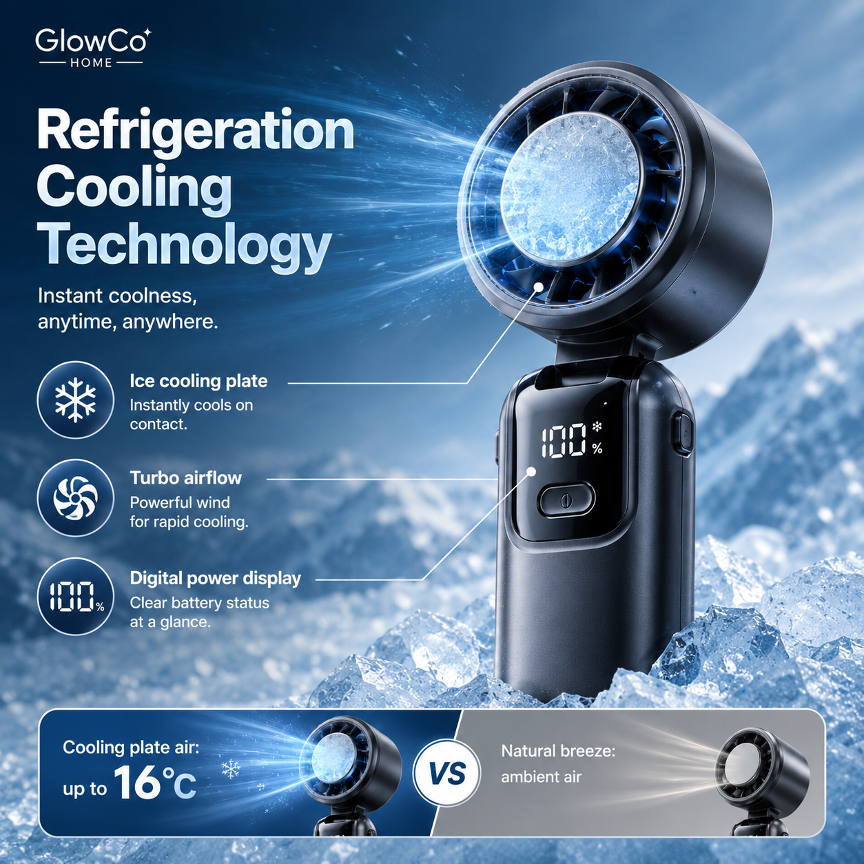 GlowBreeze IceCool Handheld Fan – Portable Turbo Cooling Fan