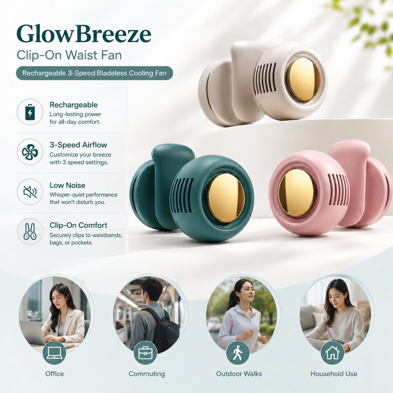 GlowBreeze Clip-On Waist Fan – Rechargeable 3-Speed Bladeless Cooling Fan