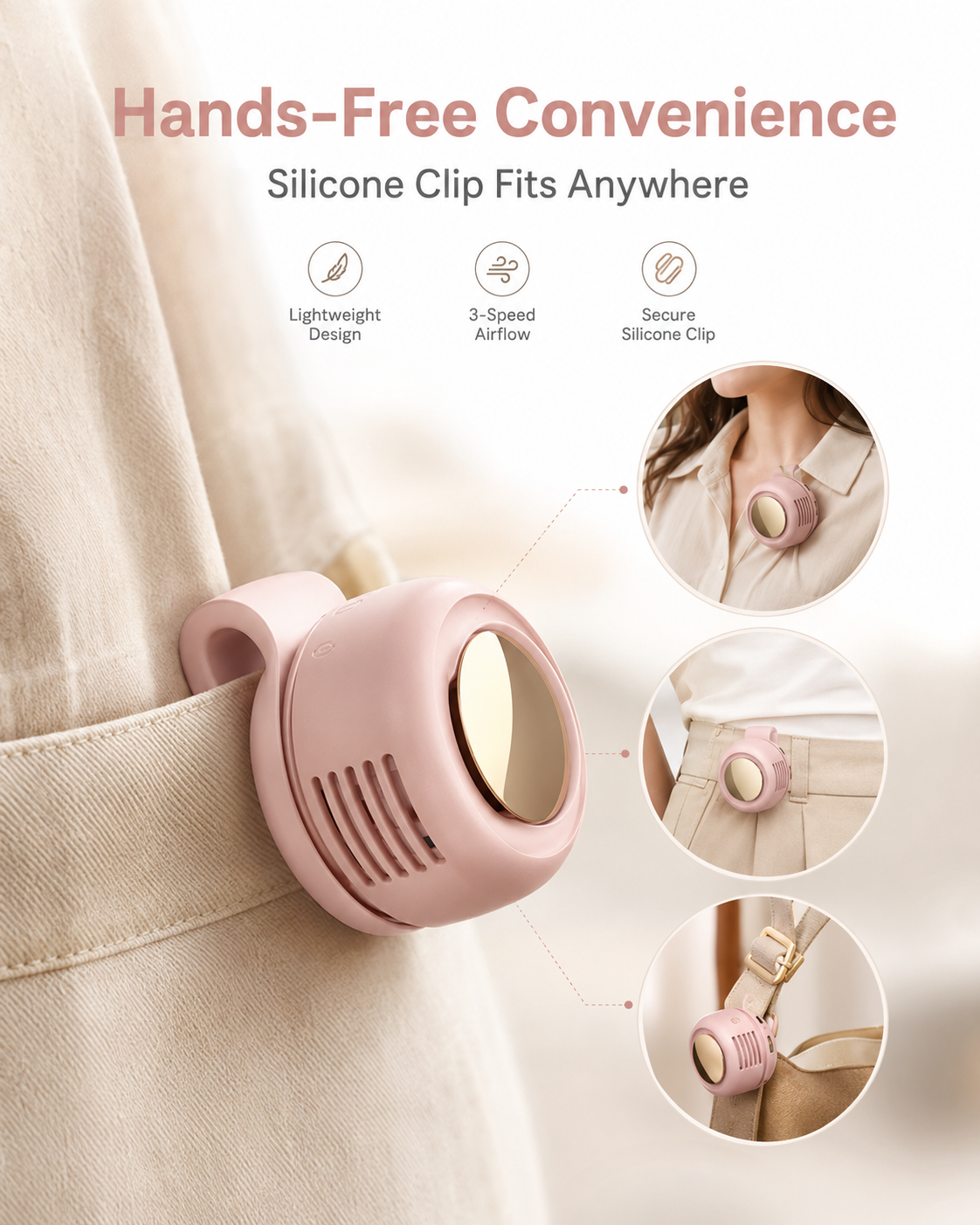 GlowBreeze Clip-On Waist Fan – Rechargeable 3-Speed Bladeless Cooling Fan