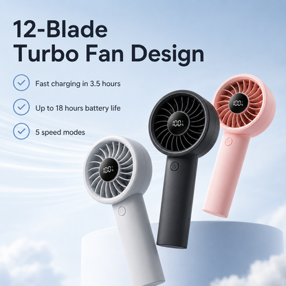GlowBreeze AeroMax Pro – 5-Speed Rechargeable Handheld Fan with LED Display