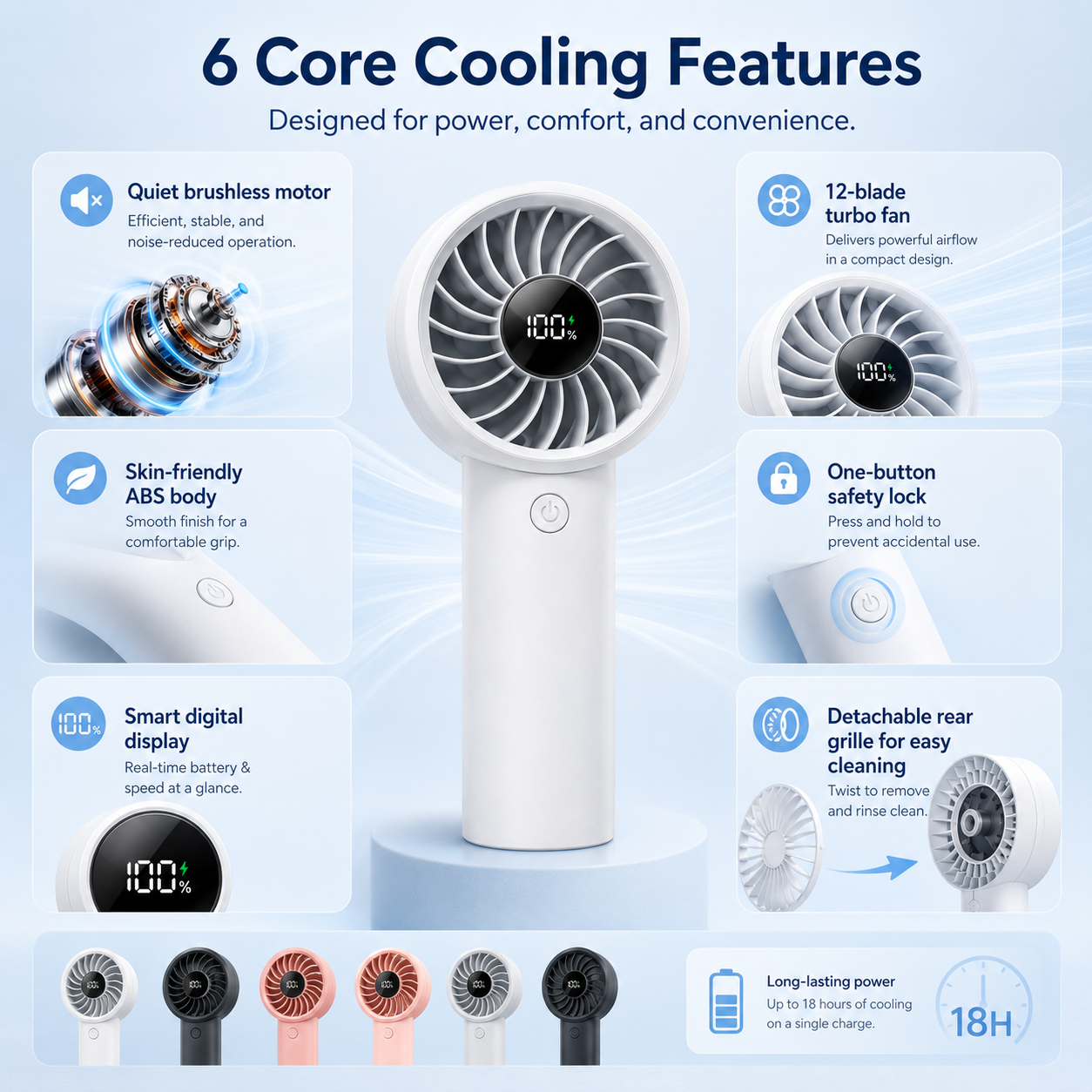 GlowBreeze AeroMax Pro – 5-Speed Rechargeable Handheld Fan with LED Display